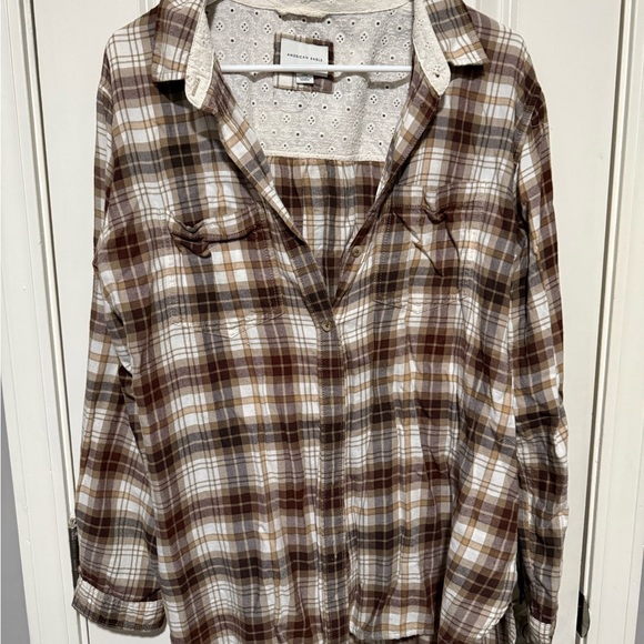 American Eagle Outfitters Tops - American Eagle Eyelet Top with Brown Plaid Trim - Cream & Brown